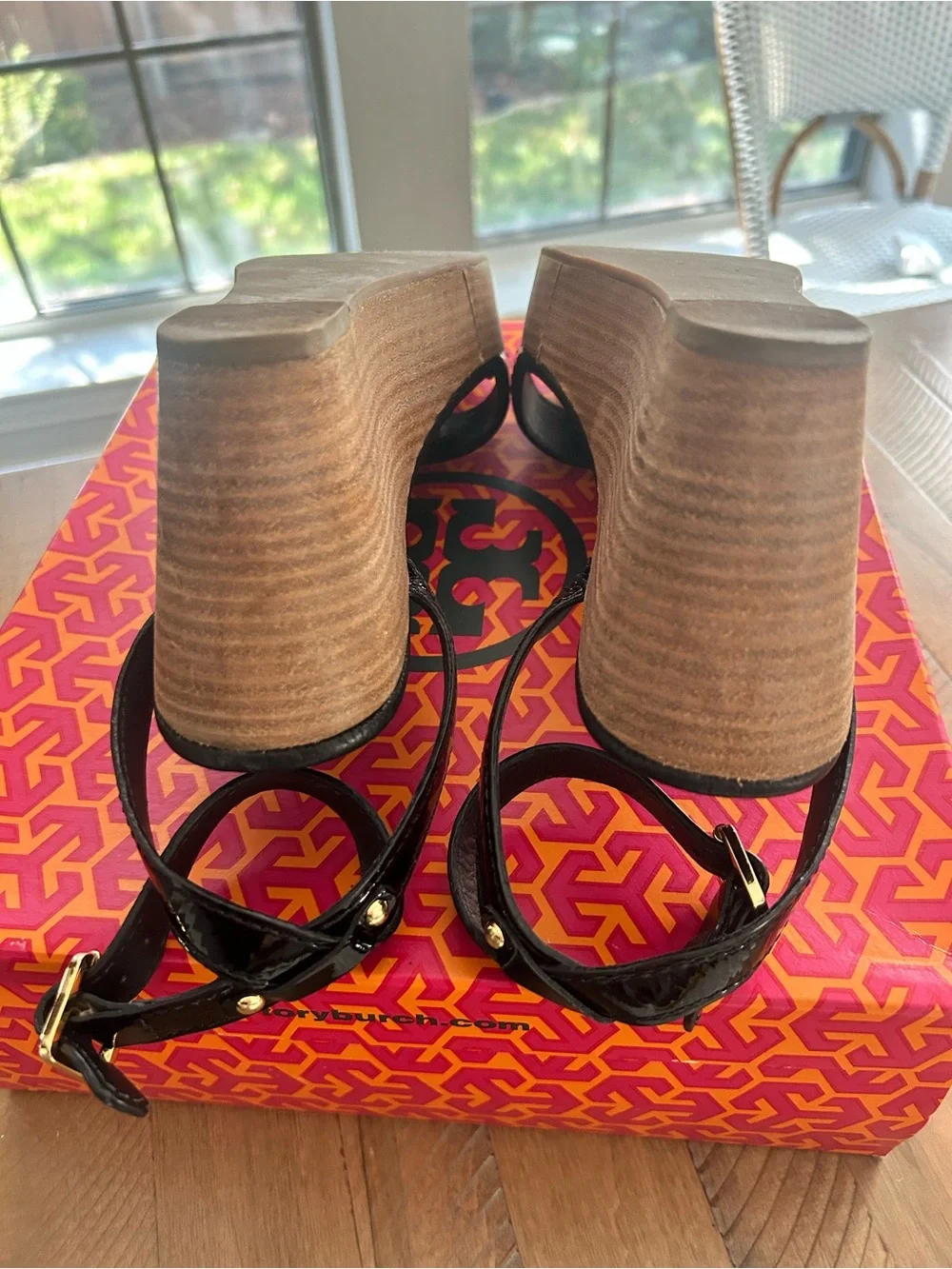 Tory Burch Black Patent Leather Wedge Sandals with Gold Logo